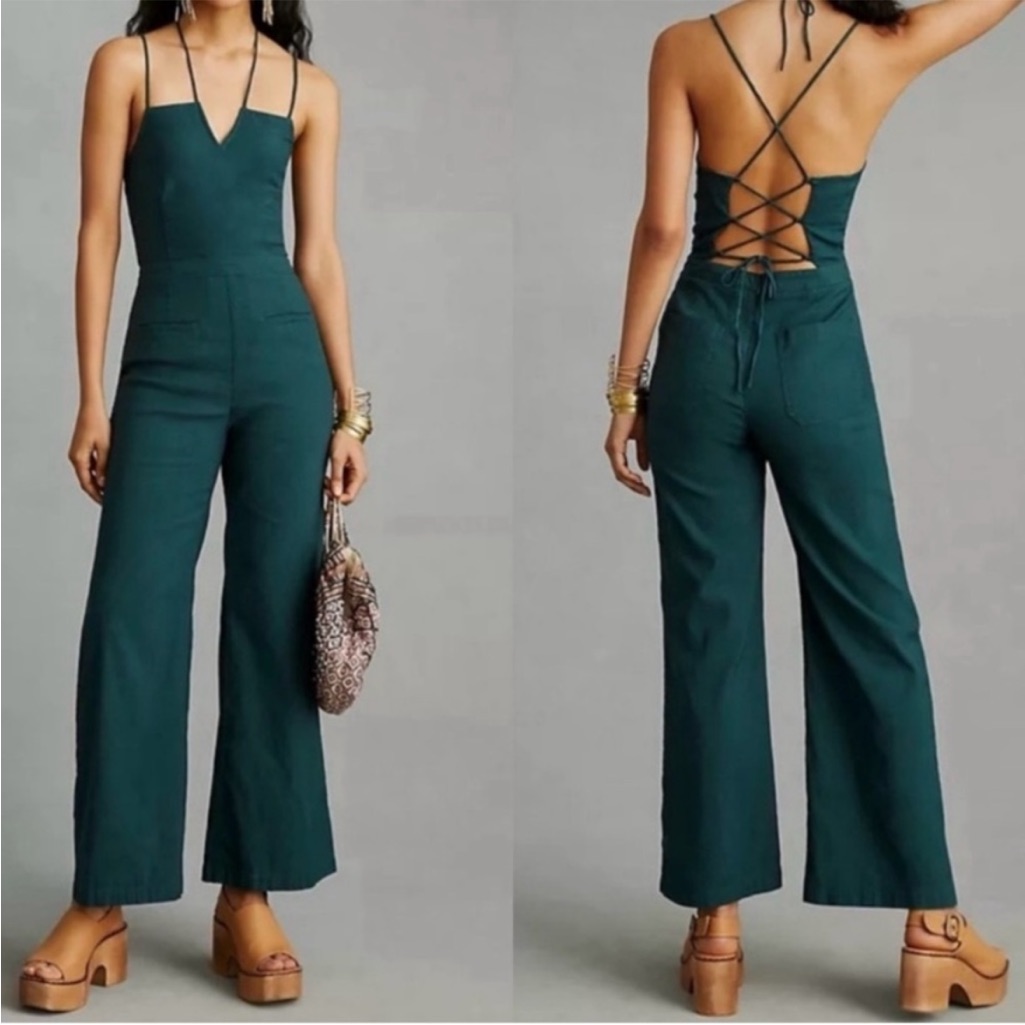 Maeve Forest Green Lace-Back Jumpsuit